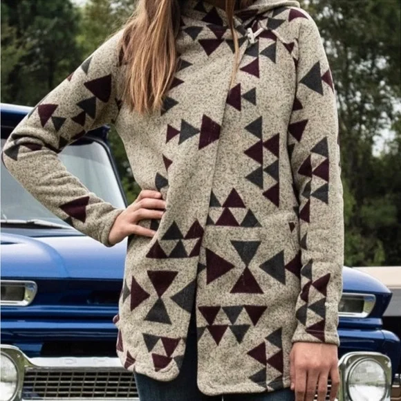 North Face Crescent Wrap Fleece Jacket Toggle Button Peyote Beige Aztec Sweater